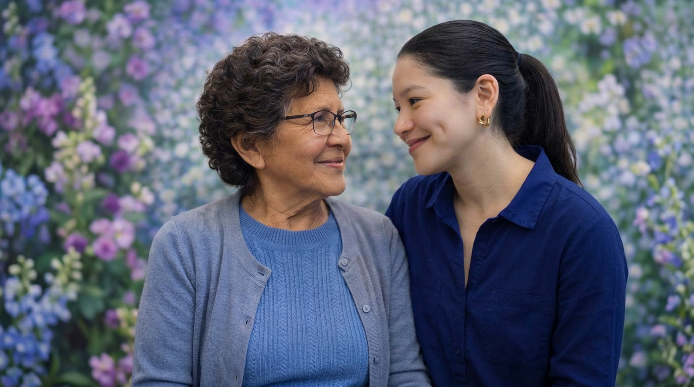 A caregiver sharing a warm moment with an older woman